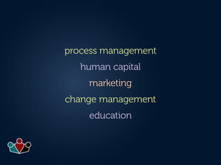 process management
human capital
marketing
change management
education
 