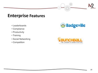 Enterprise Features
 • Leaderboards
 • Compliance
 • Productivity
 • Training
 • Social Networking
 • Competition




    ...