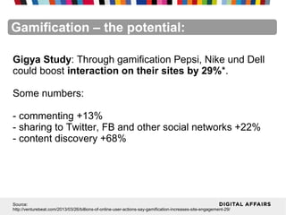 FacebookFacebookFacebookFacebookFacebookFacebookGamification – the potential:
Gigya Study: Through gamification Pepsi, Nike und Dell
could boost interaction on their sites by 29%*.
Some numbers:
- commenting +13%
- sharing to Twitter, FB and other social networks +22%
- content discovery +68%
Source:
http://venturebeat.com/2013/03/26/billions-of-online-user-actions-say-gamification-increases-site-engagement-29/
 