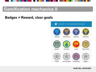FacebookFacebookFacebookFacebookFacebookFacebookGamification mechanics II
Badges = Reward, clear goals
 
