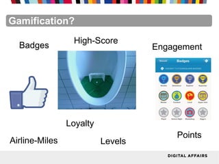 FacebookFacebookFacebookFacebookFacebookFacebookGamification?
Badges
Points
High-Score
Airline-Miles Levels
Engagement
Loyalty
 