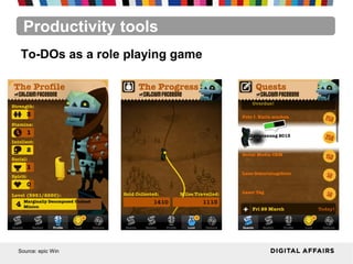 Productivity tools
Source: epic Win
To-DOs as a role playing game
 