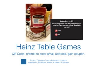 !
Priming, Discovery / Lead Generation / Initiation
Appeals to: Socializers, Killers, Achievers, Explorers
Heinz Table Games
QR Code, prompt to enter email address, gain coupon.
 