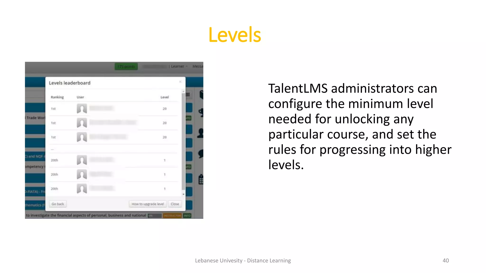 TalentLMS administrators can
configure the minimum level
needed for unlocking any
particular course, and set the
rules for progressing into higher
levels.
Levels
Lebanese Univesity - Distance Learning 40
 