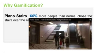 17
Why Gamification?
Piano Stairs 66% more people than normal chose the
stairs over the escalator
 