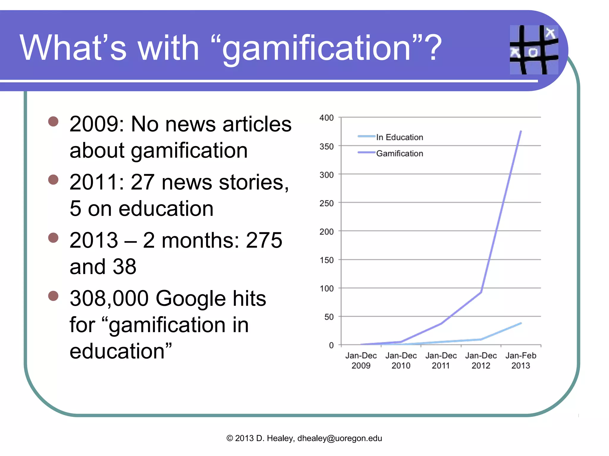 Classroom activities

 We’ll talk about gamifying these later
    Responding   to questions about a 10-minute
     video clip
    Memorizing vocabulary for a weekly quiz

    Highlighting the transition words in a reading

    Doing a workbook exercise about the past
     tense
    Doing a presentation about a favorite vacation

    Writing a compare/contrast paragraph.



                  © 2013 D. Healey, dhealey@uoregon.edu
 