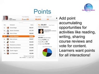 Points
• Add point
accumulating
opportunities for
activities like reading,
writing, sharing
course reviews and
vote for content.
Learners want points
for all interactions!
 