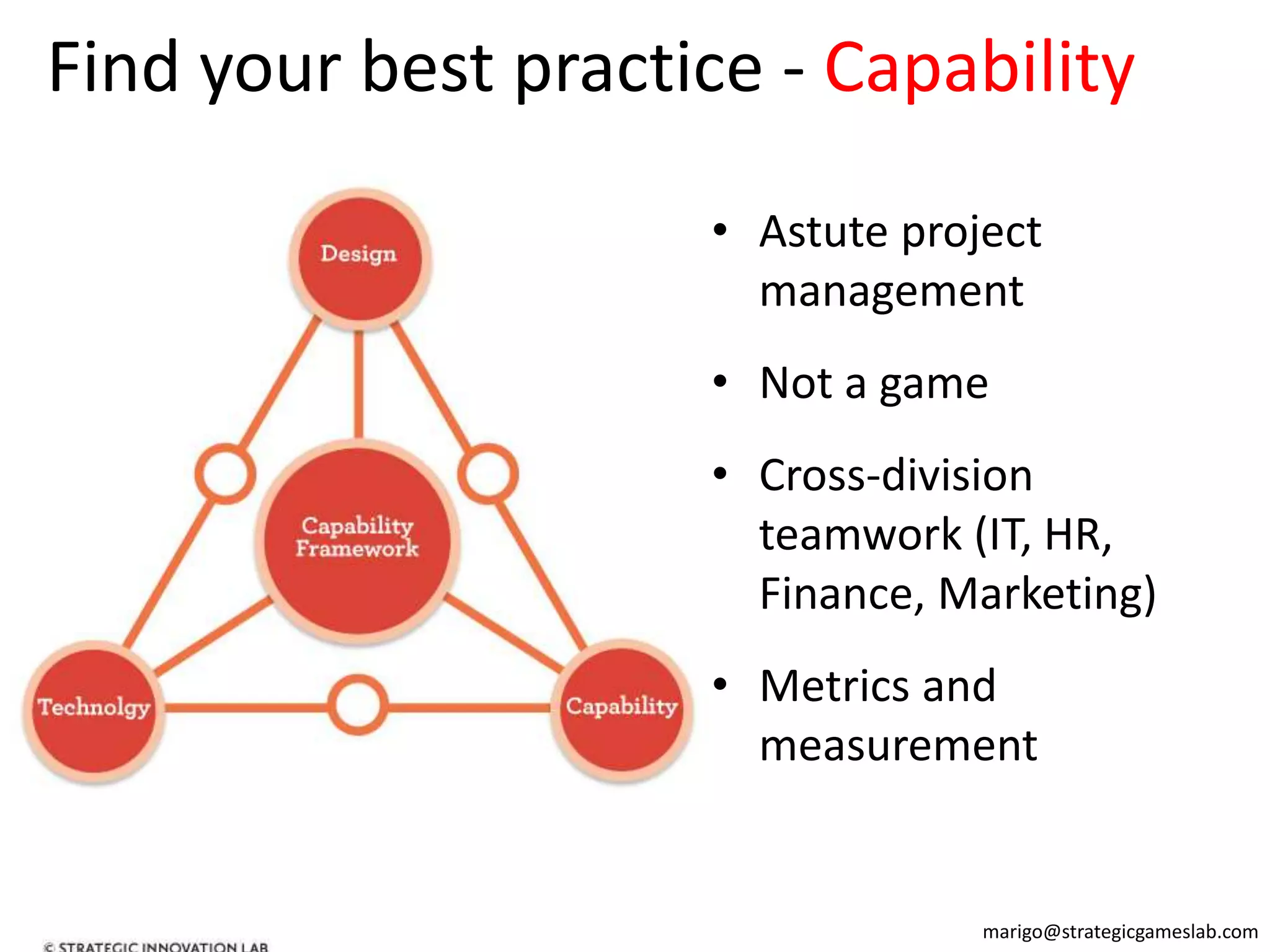 Find your best practice - Capability
• Astute project
management
• Not a game
• Cross-division
teamwork (IT, HR,
Finance, Marketing)
• Metrics and
measurement
marigo@strategicgameslab.com
 