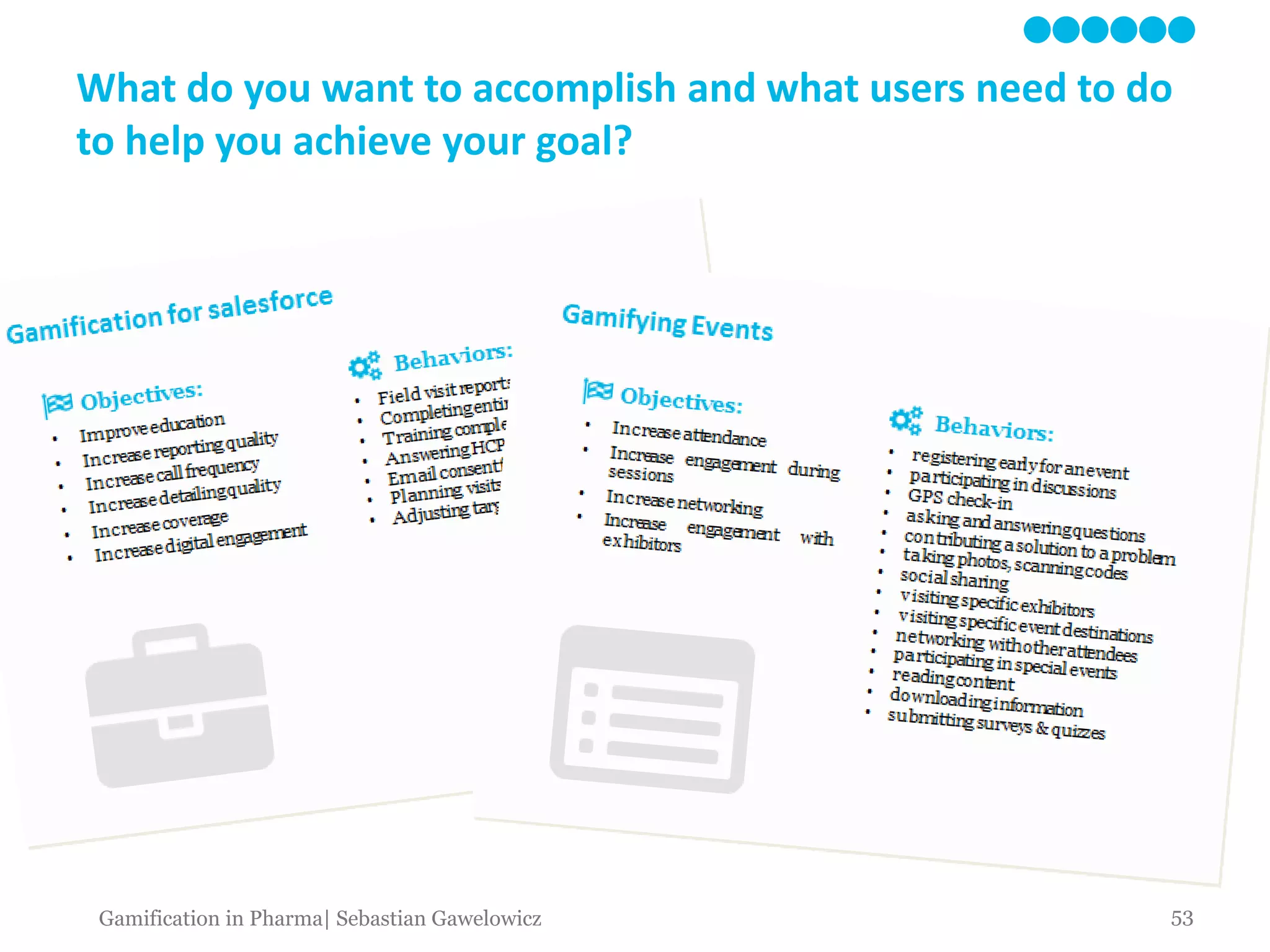 What do you want to accomplish and what users need to do
to help you achieve your goal?
53Gamification in Pharma| Sebastian Gawelowicz
 