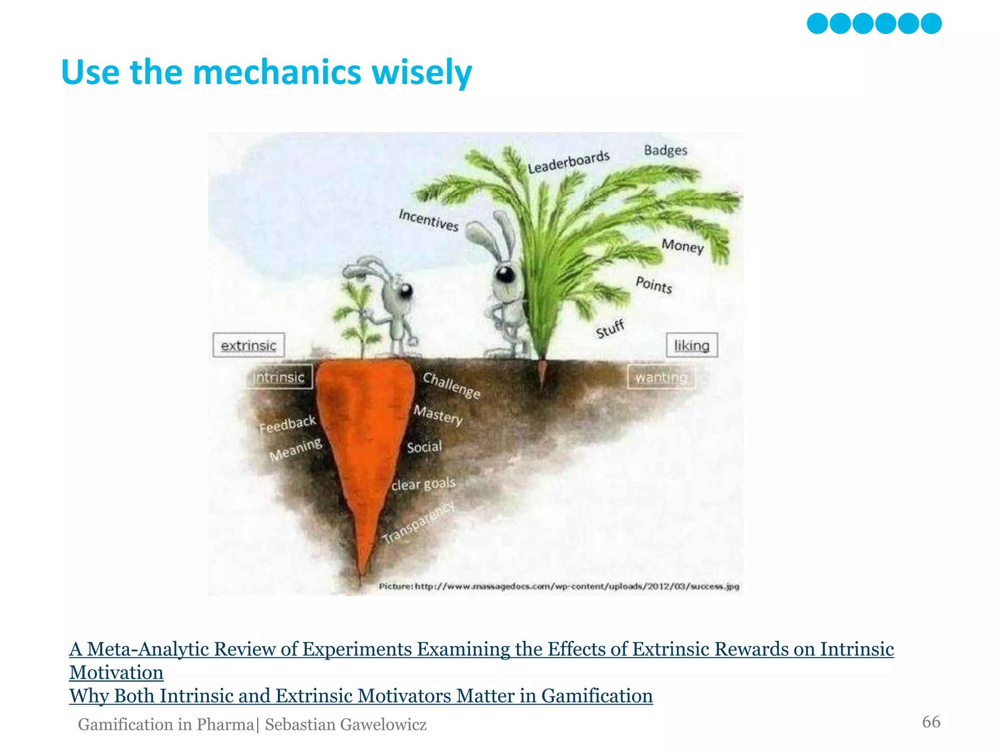 Use the mechanics wisely
A Meta-Analytic Review of Experiments Examining the Effects of Extrinsic Rewards on Intrinsic
Motivation
Why Both Intrinsic and Extrinsic Motivators Matter in Gamification
66Gamification in Pharma| Sebastian Gawelowicz
 