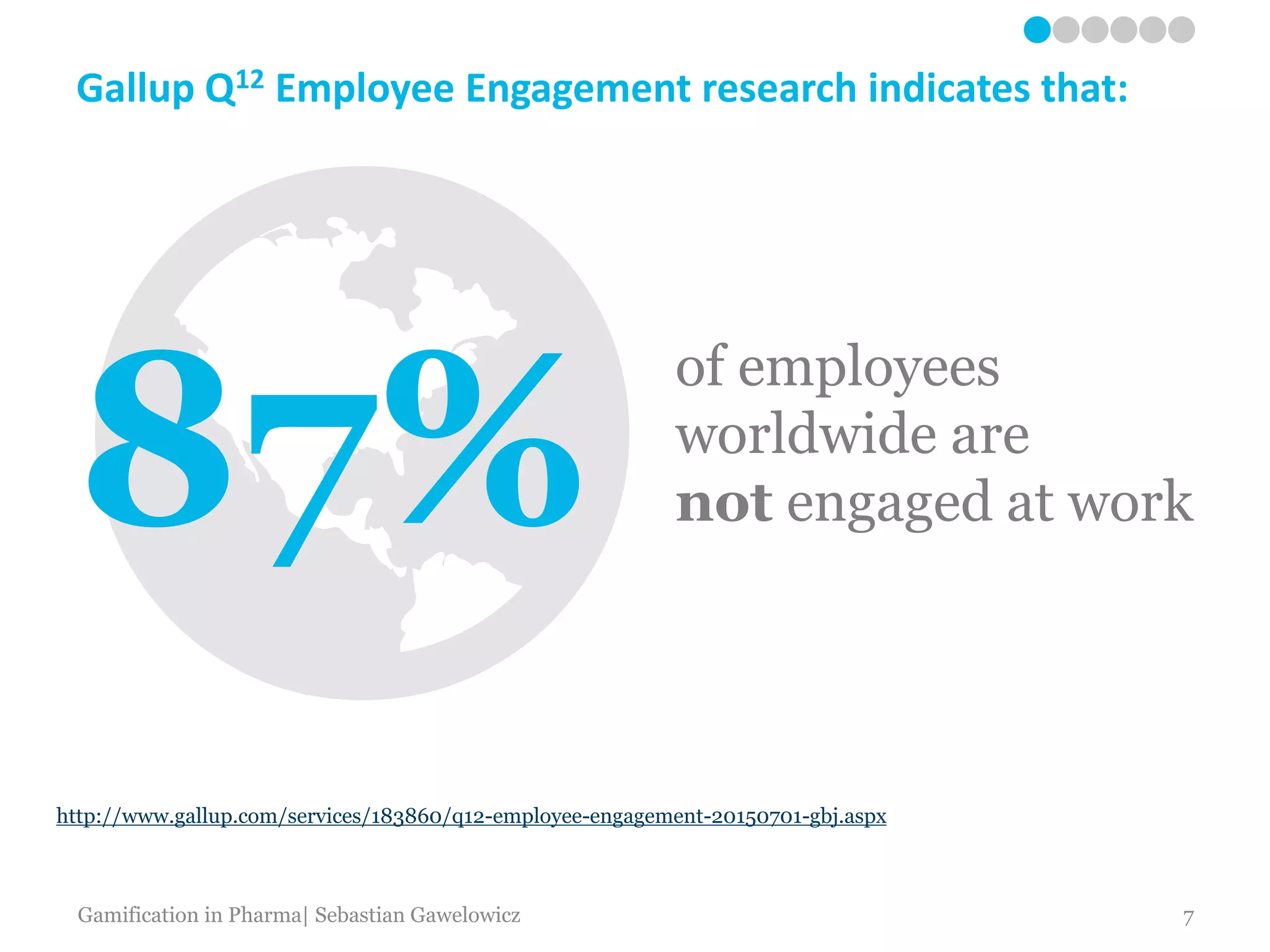 Gallup Q12 Employee Engagement research indicates that:
87%
http://www.gallup.com/services/183860/q12-employee-engagement-20150701-gbj.aspx
of employees
worldwide are
not engaged at work
Gamification in Pharma| Sebastian Gawelowicz 7
 
