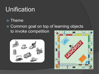 Unification
 Theme
 Common goal on top of learning objects
to invoke competition
 