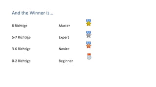 And the Winner is...
8 Richtige Master
5-7 Richtige Expert
3-6 Richtige Novice
0-2 Richtige Beginner
 