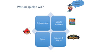 Warum spielen wir?
Entspannung
Soziale
Kontakte
Spass
Können &
Macht
Wähle ein
Grundmotiv
 