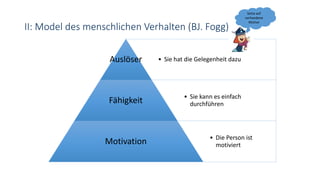 II: Model des menschlichen Verhalten (BJ. Fogg)
• Sie hat die Gelegenheit dazuAuslöser
• Sie kann es einfach
durchführenFähigkeit
• Die Person ist
motiviertMotivation
Setze auf
vorhandene
Motive
 