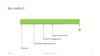 You made it!
Sep 2012 Gamification Introduction 59
Defintion
Grundlagen & Mechanismen
Design for Engagement
Support Community
 