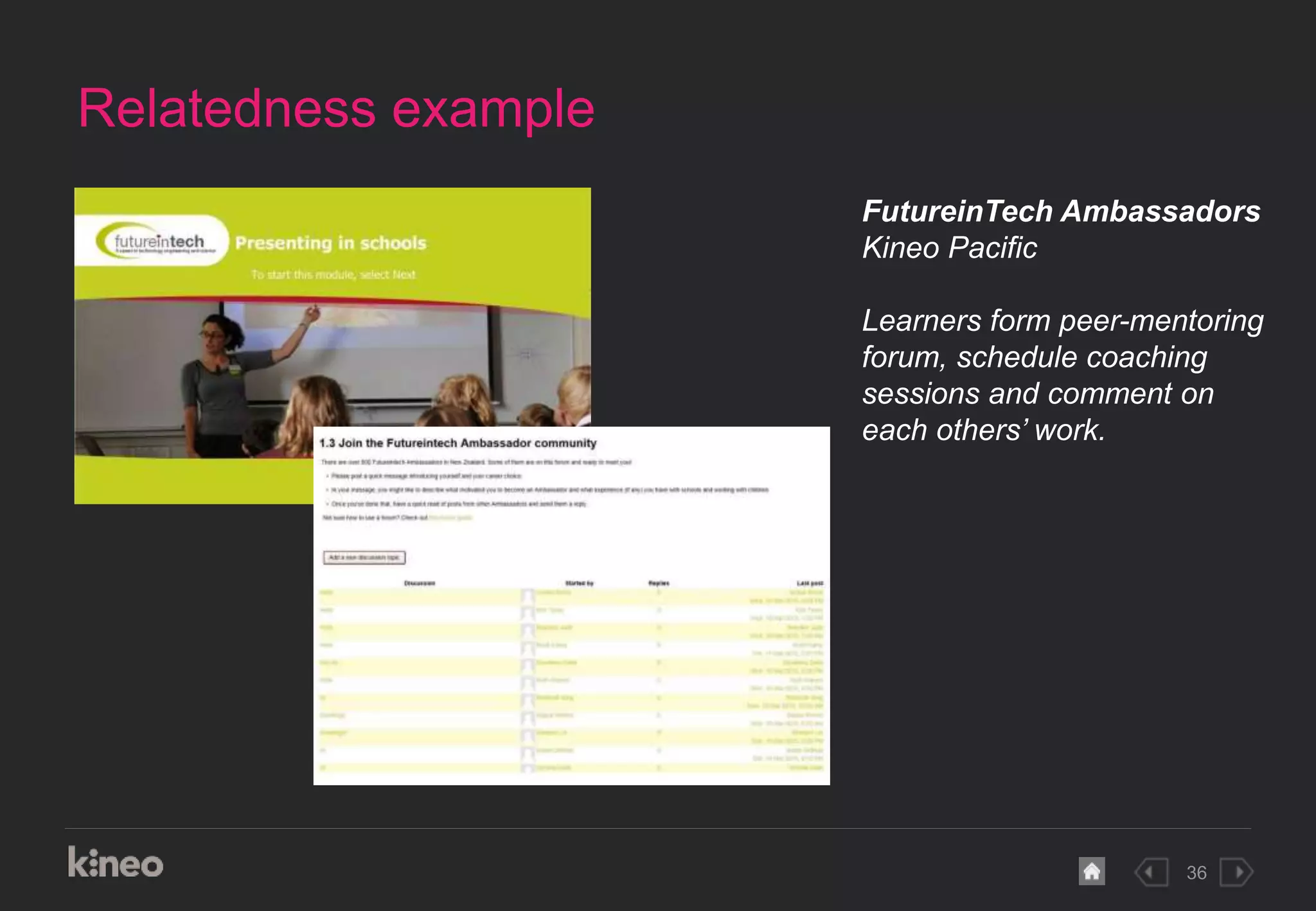 36
Relatedness example
FutureinTech Ambassadors
Kineo Pacific
Learners form peer-mentoring
forum, schedule coaching
sessions and comment on
each others’ work.
 