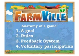 Anatomy of a game:
1.  A goal
2.  Rules
3.  Feedback System
4.  Voluntary participation
 