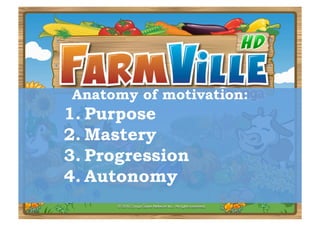 Anatomy of motivation:
1.  Purpose
2.  Mastery
3.  Progression
4.  Autonomy
 