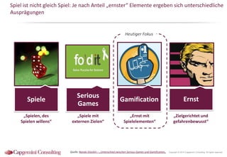 Spiel ist nicht gleich Spiel: Je nach Anteil „ernster“ Elemente ergeben sich unterschiedliche
Ausprägungen

Heutiger Fokus

Spiele

Serious
Games

Gamification

Ernst

„Spielen, des
Spielen willens“

„Spiele mit
externen Zielen“

„Ernst mit
Spielelementen“

„Zielgerichtet und
gefahrenbewusst“

Quelle: Nando Stöcklin – „Unterschied zwischen Serious Games und Gamification„

Copyright © 2014 Capgemini Consulting. All rights reserved.

 