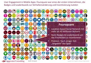 User Engagement in Mobile Apps: Foursquare war eines der ersten Unternehmen, die
Badges und Leaderboards zur Verhaltensänderung und Incentivierung nutzten

Foursquare
 Location-based Social Network mit
mehr als 45 Millionen Nutzern
 Nutzt Badges & Leaderboards um
das Einchecken zu incentivieren
 Problem: Nach einiger Zeit
„langweilt“ das Spiel

Quelle: Foursquare

Copyright © 2014 Capgemini Consulting. All rights reserved.

 