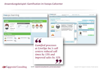 Anwendungsbeispiel: Gamification im liveops Callcenter

Quelle: Capgemini Consulting PoV „Let the Games Begin“

Copyright © 2014 Capgemini Consulting. All rights reserved.

 