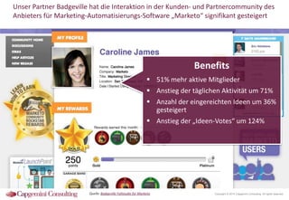 Unser Partner Badgeville hat die Interaktion in der Kunden- und Partnercommunity des
Anbieters für Marketing-Automatisierungs-Software „Marketo“ signifikant gesteigert






Benefits
G4S Secure Benefits
Solutions konnte die

Effizienz des Sales-Teams in
51% mehr aktive Mitglieder 3 Monaten
um 86% steigern, ebenso wuchs die
Anstieg der täglichen Aktivität um 71%
„active pipeline“ um 60%
Anzahl der eingereichten Ideen um 36%
Stewart Agency konnte in 2 Monaten
gesteigert der in den letzten 2 Jahren
die Anzahl
gesammelten E-Mail-Adressen
 Anstieg der „Ideen-Votes“ um 124%
verdoppeln
 Weitere Einsatzzwecke:
 CRM-Datenbank pflegen
 Sales-Termine generieren

Quelle: Badgeville Fallstudie für Marketo

Copyright © 2014 Capgemini Consulting. All rights reserved.

 