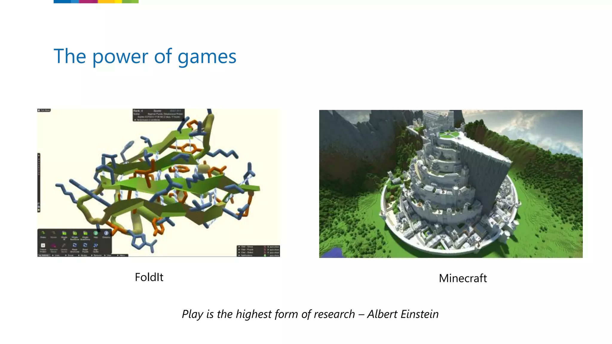FoldIt Minecraft
Play is the highest form of research – Albert Einstein
The power of games
 