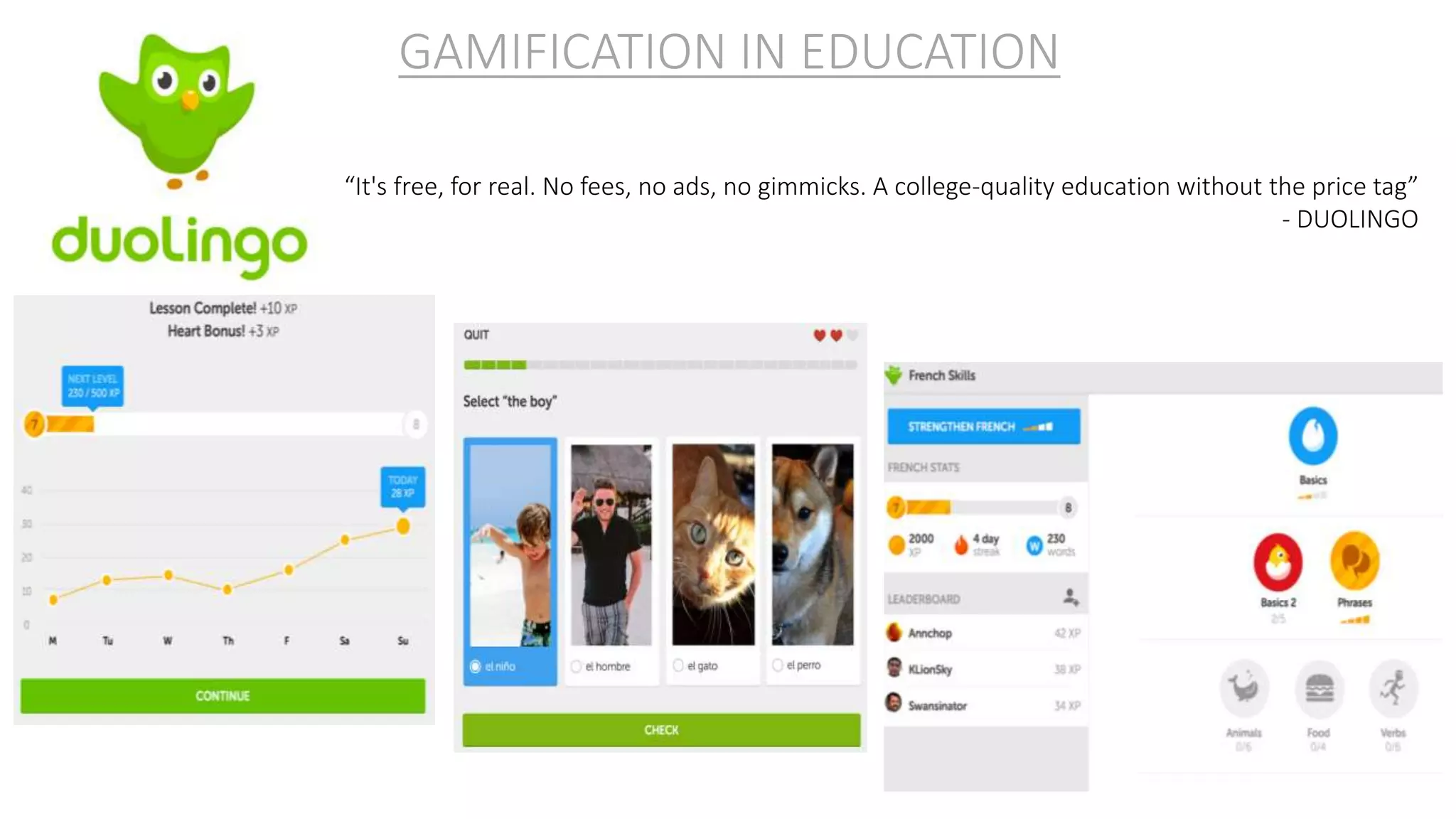 “It's free, for real. No fees, no ads, no gimmicks. A college-quality education without the price tag”
- DUOLINGO
GAMIFICATION IN EDUCATION
 