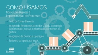 COMO USAMOS
NossoCoreBusinessé
Implementação deProcessos
 Feito de forma diferente
 Integrando fenômenos de redes sociais, tecnologia
(ferramentas), acesso a informação, elementos de
games
 Integração da Gestão e Operação
 Software de apoio aos jogos
 