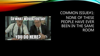 COMMON ISSUE#1:
NONE OF THESE
PEOPLE HAVE EVER
BEEN IN THE SAME
ROOM
 