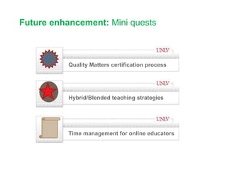 Future enhancement: Mini quests
Learning Theory?
-
Learning Theory?
Learning Theory?
Quality Matters certification process
Hybrid/Blended teaching strategies
Time management for online educators
 