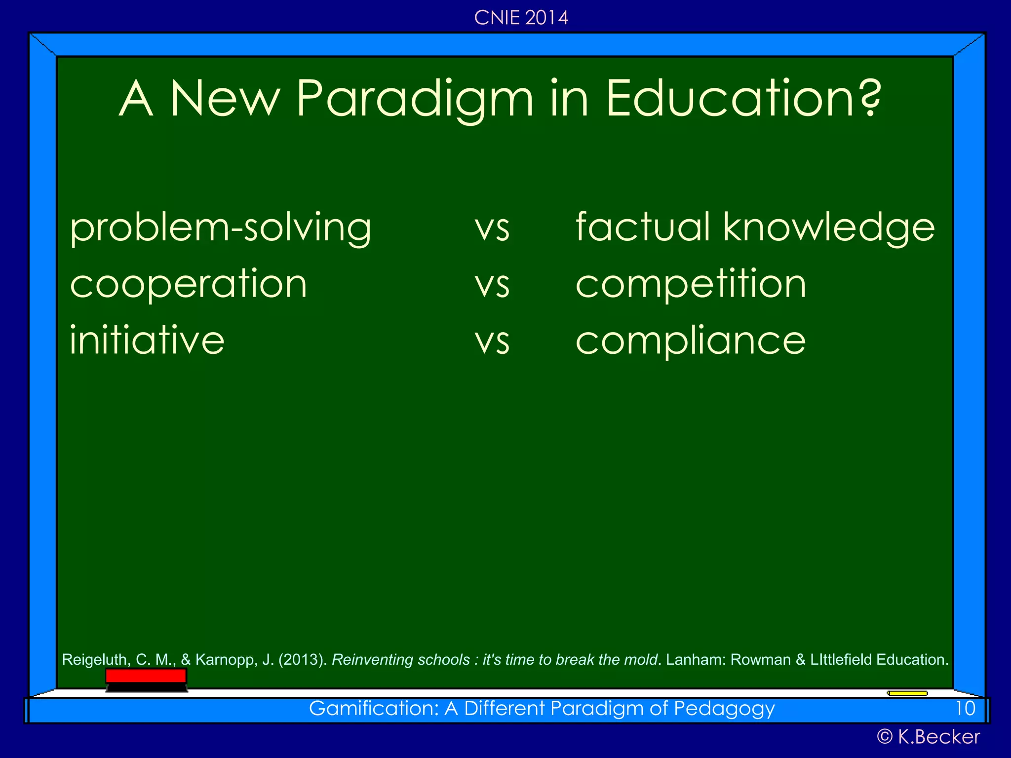 © K.Becker
CNIE 2014
problem-solving vs factual knowledge
cooperation vs competition
initiative vs compliance
A New Paradigm in Education?
Gamification: A Different Paradigm of Pedagogy 10
Reigeluth, C. M., & Karnopp, J. (2013). Reinventing schools : it's time to break the mold. Lanham: Rowman & LIttlefield Education.
 