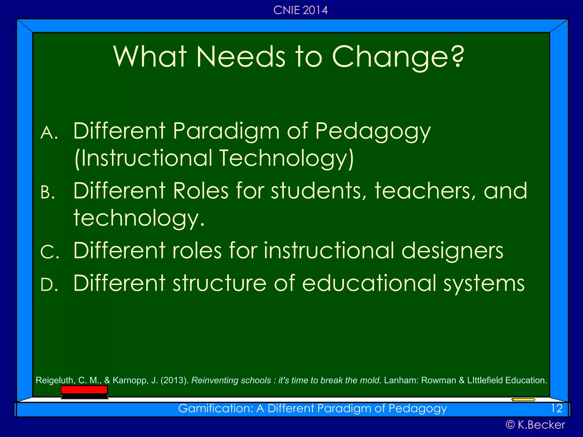 © K.Becker
CNIE 2014
A. Different Paradigm of Pedagogy
(Instructional Technology)
B. Different Roles for students, teachers, and
technology.
C. Different roles for instructional designers
D. Different structure of educational systems
What Needs to Change?
Gamification: A Different Paradigm of Pedagogy 12
Reigeluth, C. M., & Karnopp, J. (2013). Reinventing schools : it's time to break the mold. Lanham: Rowman & LIttlefield Education.
 