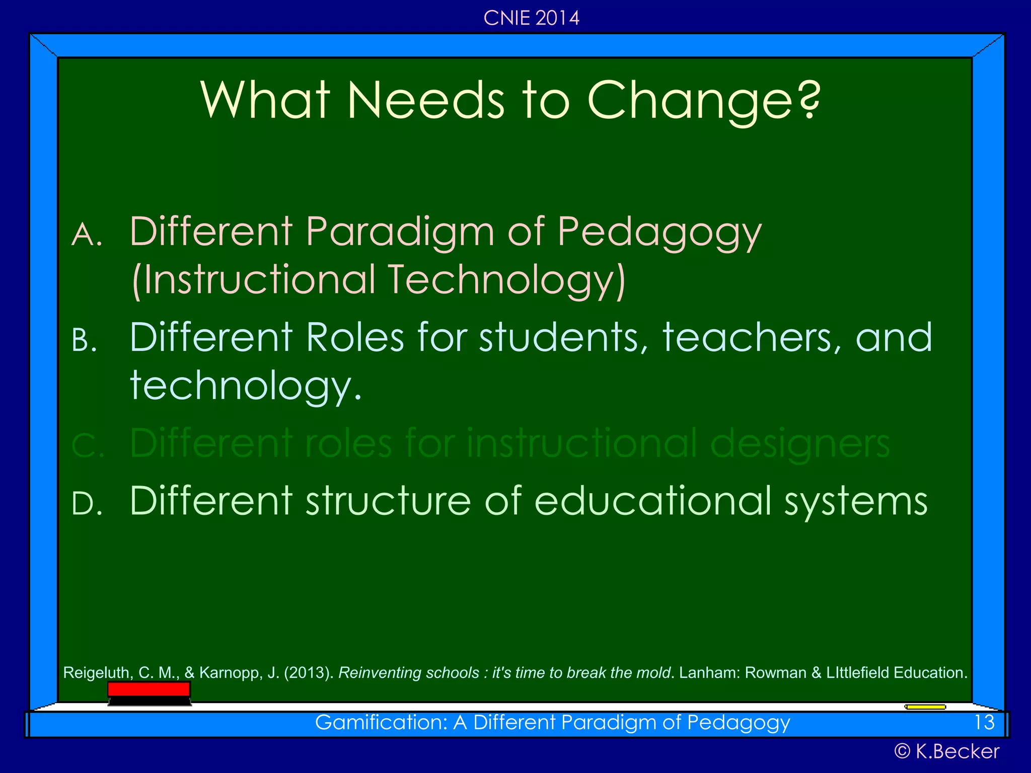 © K.Becker
CNIE 2014
A. Different Paradigm of Pedagogy
(Instructional Technology)
B. Different Roles for students, teachers, and
technology.
C. Different roles for instructional designers
D. Different structure of educational systems
What Needs to Change?
Gamification: A Different Paradigm of Pedagogy 13
Reigeluth, C. M., & Karnopp, J. (2013). Reinventing schools : it's time to break the mold. Lanham: Rowman & LIttlefield Education.
 