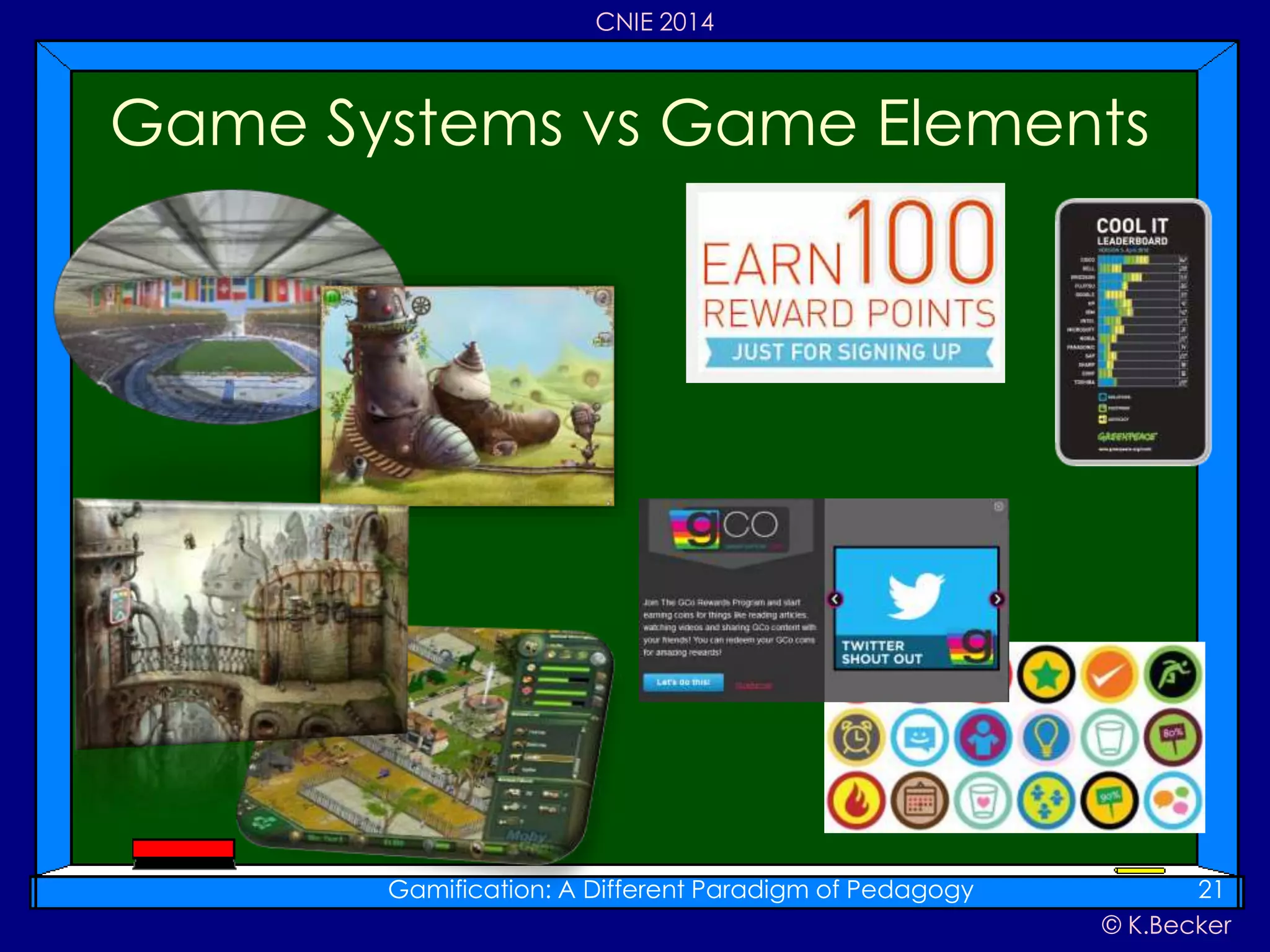 © K.Becker
CNIE 2014
Game Systems vs Game Elements
Gamification: A Different Paradigm of Pedagogy 21
 