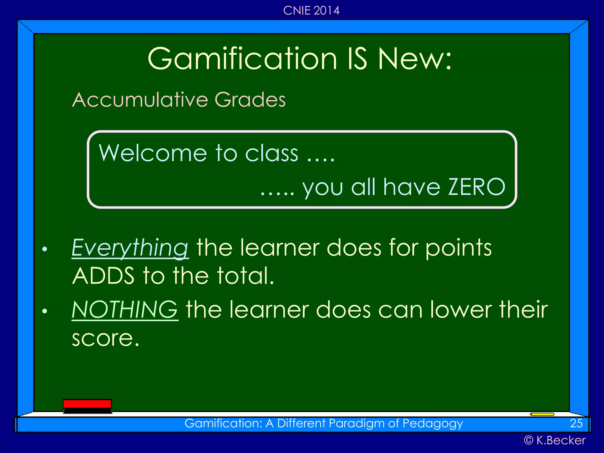 © K.Becker
CNIE 2014
Accumulative Grades
• Everything the learner does for points
ADDS to the total.
• NOTHING the learner does can lower their
score.
Gamification IS New:
Gamification: A Different Paradigm of Pedagogy 25
Welcome to class ….
….. you all have ZERO
 