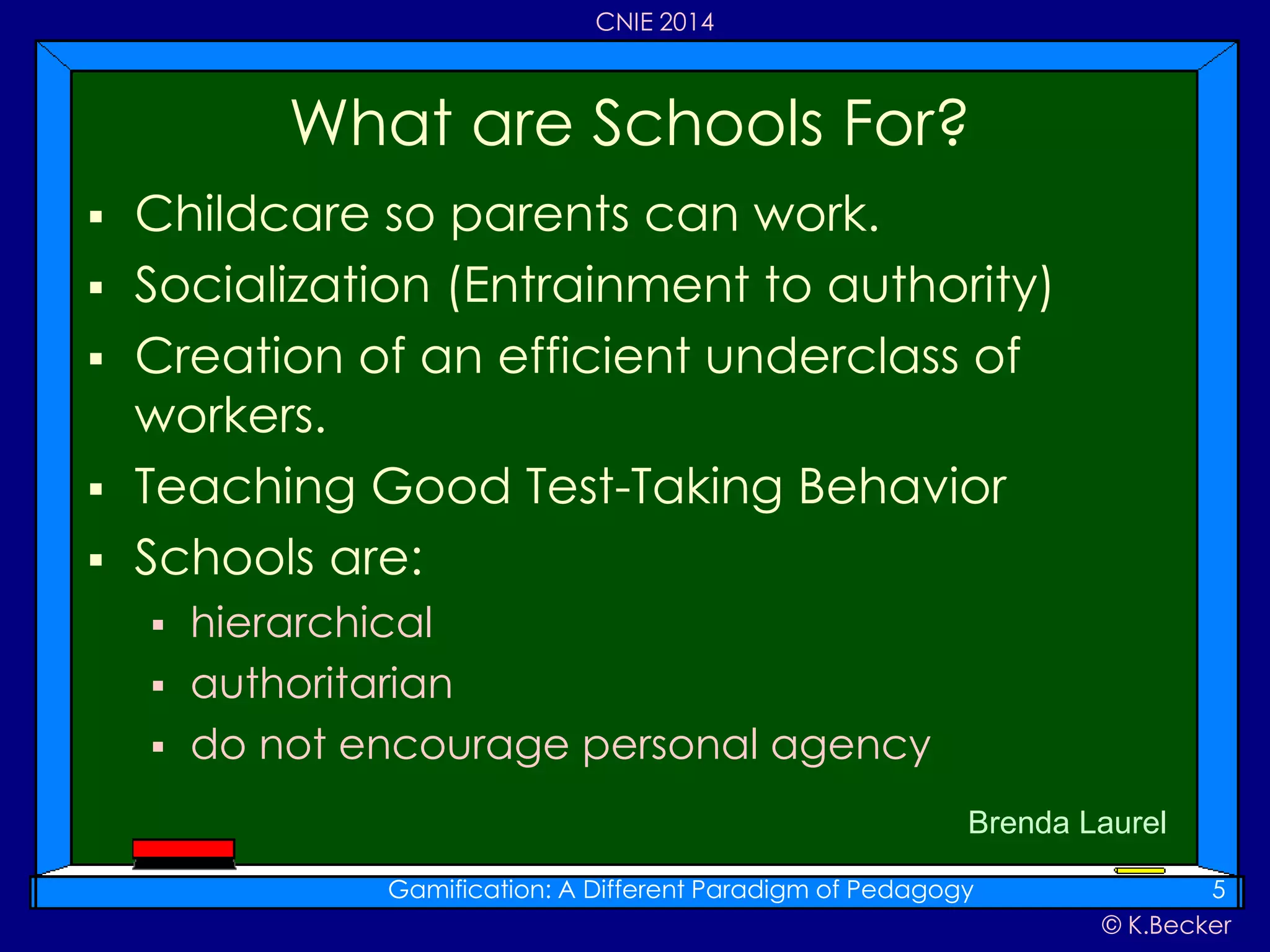 © K.Becker
CNIE 2014
 Childcare so parents can work.
 Socialization (Entrainment to authority)
 Creation of an efficient underclass of
workers.
 Teaching Good Test-Taking Behavior
 Schools are:
 hierarchical
 authoritarian
 do not encourage personal agency
What are Schools For?
Gamification: A Different Paradigm of Pedagogy 5
Brenda Laurel
 