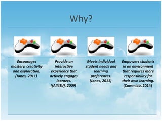 Why?
Encourages
mastery, creativity
and exploration.
(Jones, 2011)
Provide an
interactive
experience that
actively engages
learners.
((All4Ed), 2009)
Meets individual
student needs and
learning
preferences.
(Jones, 2011)
Empowers students
in an environment
that requires more
responsibility for
their own learning.
(Commlab, 2014)
 