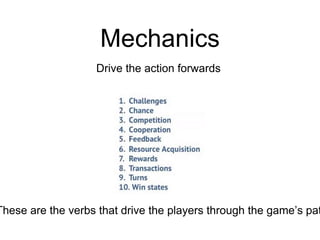 Mechanics
Drive the action forwards
These are the verbs that drive the players through the game’s pat
 