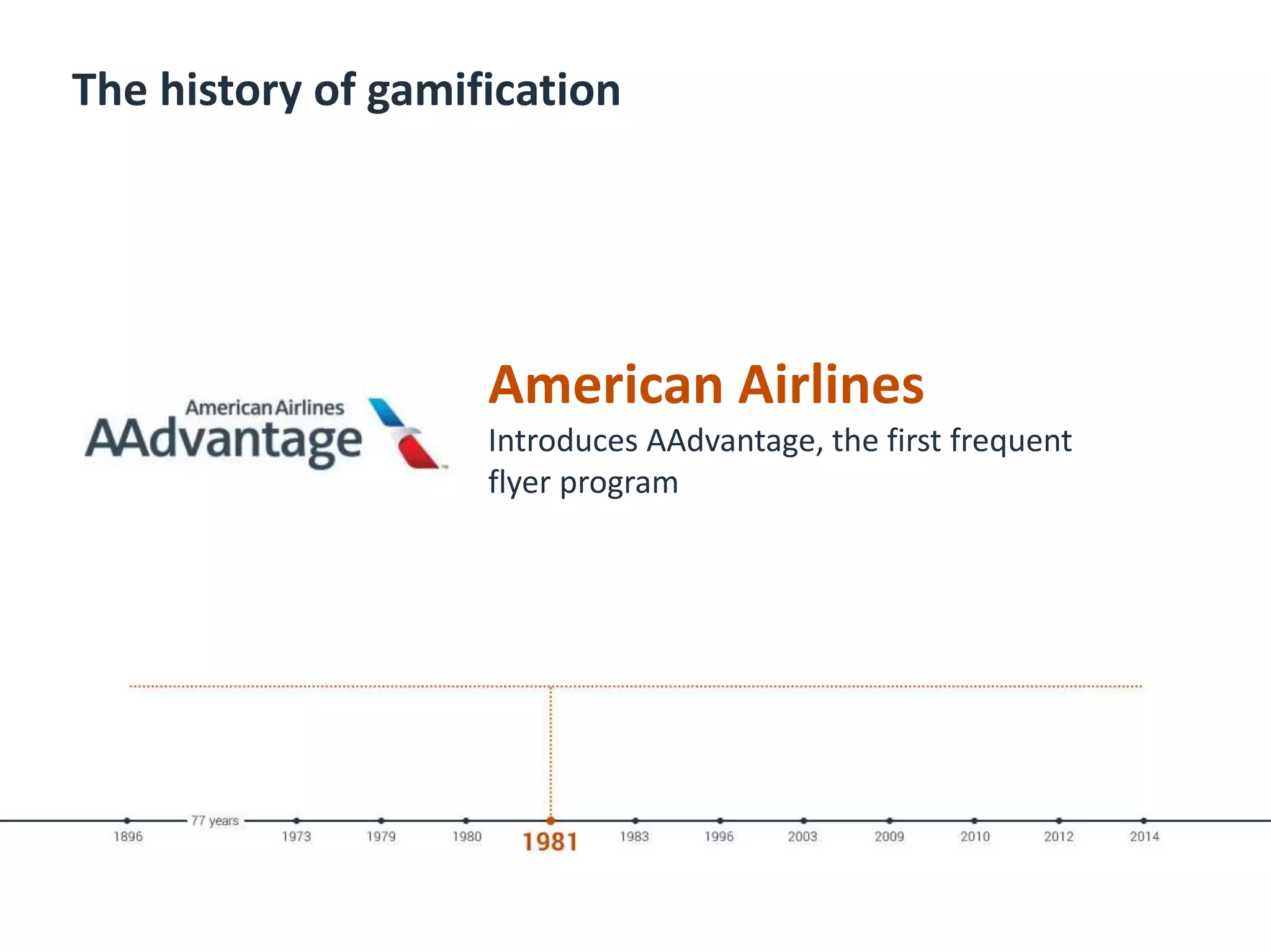 The history of gamification
American Airlines
Introduces AAdvantage, the first frequent
flyer program
 