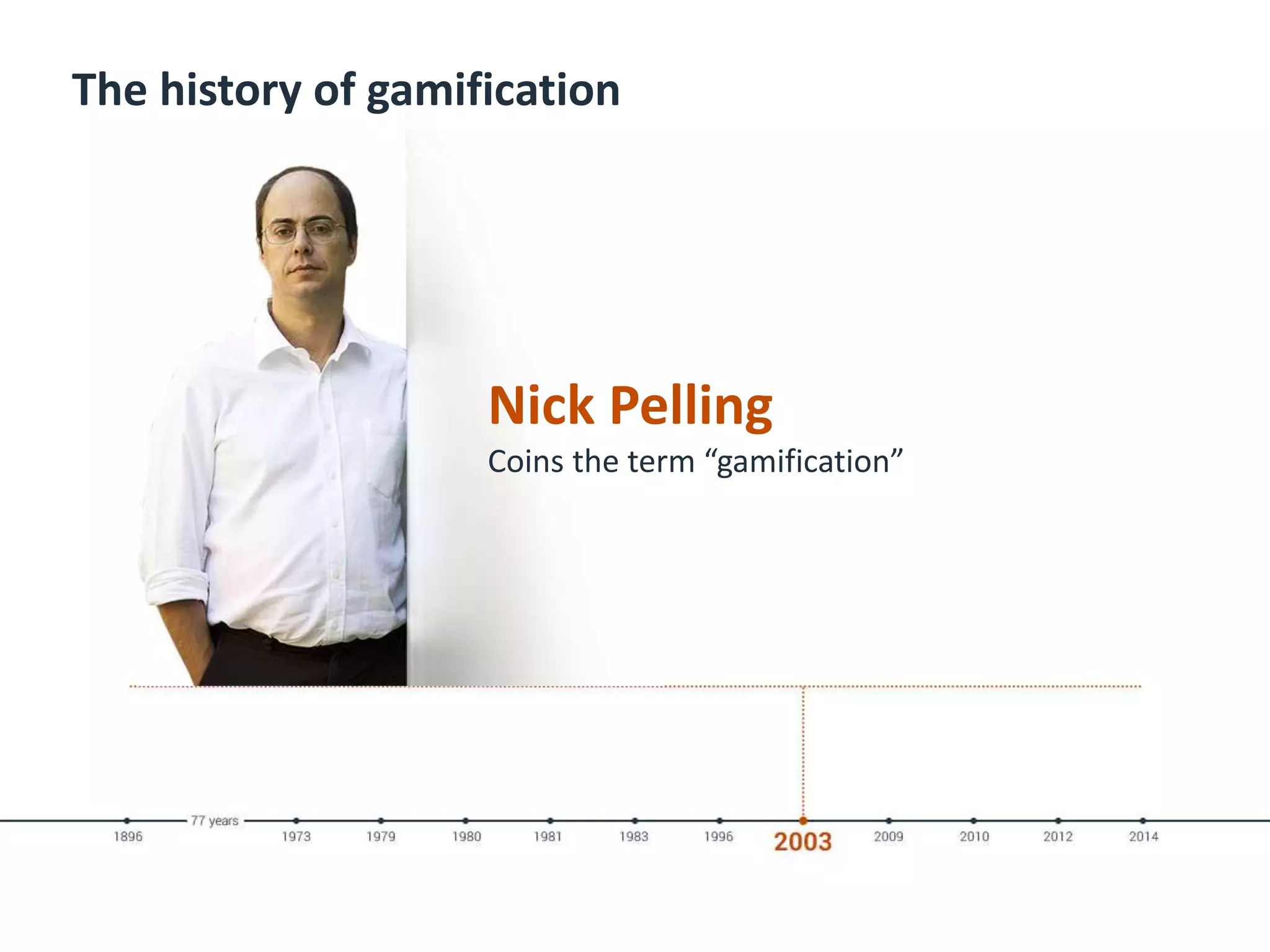 The history of gamification
Nick Pelling
Coins the term “gamification”
 