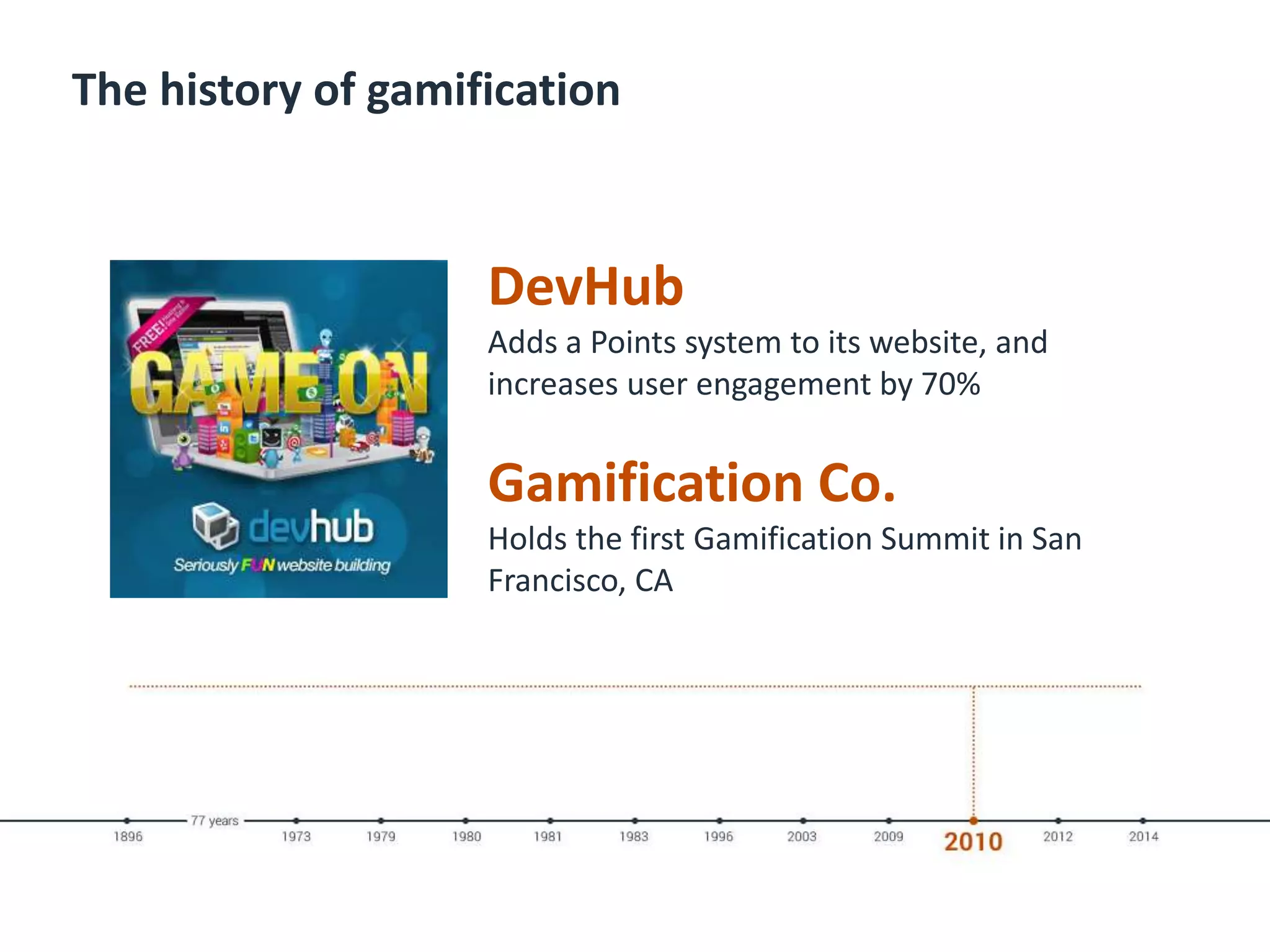 The history of gamification
DevHub
Adds a Points system to its website, and
increases user engagement by 70%
Gamification Co.
Holds the first Gamification Summit in San
Francisco, CA
 