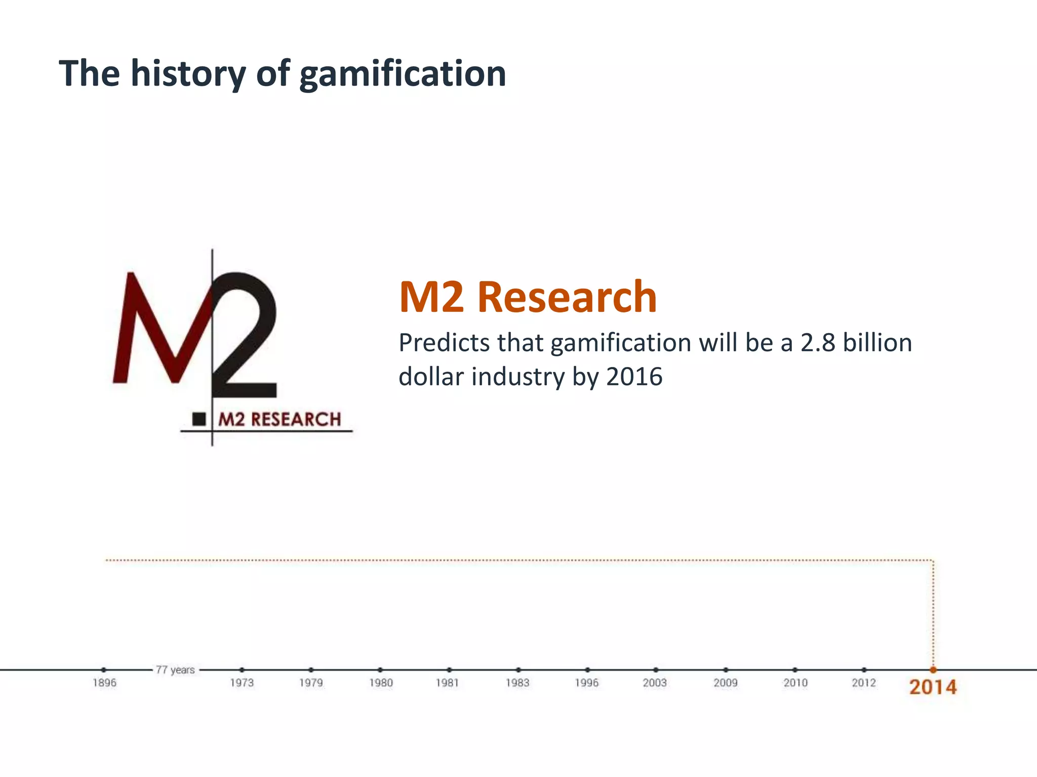 The history of gamification
M2 Research
Predicts that gamification will be a 2.8 billion
dollar industry by 2016
 