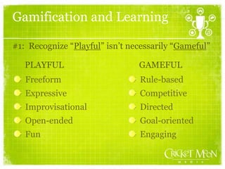 Gamification and Learning
Freeform
Expressive
Improvisational
Open-ended
Fun
Rule-based
Competitive
Directed
Goal-oriented
Engaging
#1: Recognize “Playful” isn’t necessarily “Gameful”
PLAYFUL GAMEFUL
 
