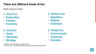 © Copyright 2013 Hewlett-Packard Development Company, L.P. The information contained herein is subject to change without notice.23
There are different kinds of fun
1. Easy Fun
• Exploration
• Fantasy
• Creativity
2. Hard fun
• Goals
• Obstacles
• Strategy
Nicole Lazzaro’s 4 Keys
POSTER -- http://xeodesign.com/4k2f/4k2f.jpg
WHITE PAPER -- http://www.xeodesign.com/xeodesign_whyweplaygames.pdf
3. Serious Fun
• Repetition
• Rhythm
• Collection
4. People fun
• Communicate
• Cooperate
• Compete
 