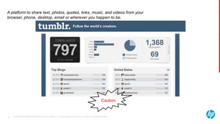 © Copyright 2013 Hewlett-Packard Development Company, L.P. The information contained herein is subject to change without notice.32
A platform to share text, photos, quotes, links, music, and videos from your
browser, phone, desktop, email or wherever you happen to be.
Caution
 
