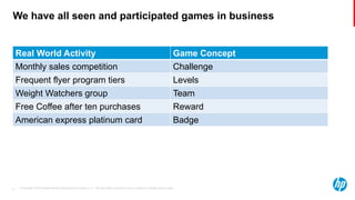 © Copyright 2013 Hewlett-Packard Development Company, L.P. The information contained herein is subject to change without notice.8
We have all seen and participated games in business
Real World Activity Game Concept
Monthly sales competition Challenge
Frequent flyer program tiers Levels
Weight Watchers group Team
Free Coffee after ten purchases Reward
American express platinum card Badge
 