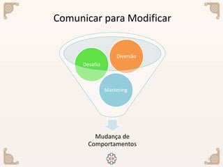 7
Comunicar para Modificar
Mudança de
Comportamentos
Mastering
Desafio
Diversão
 