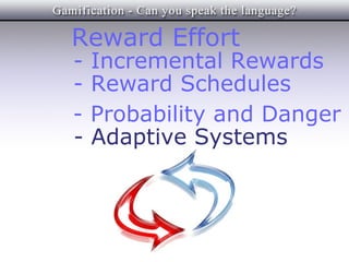 Reward Effort
-   Incremental Rewards
-   Reward Schedules
-   Probability and Danger
-   Adaptive Systems
 